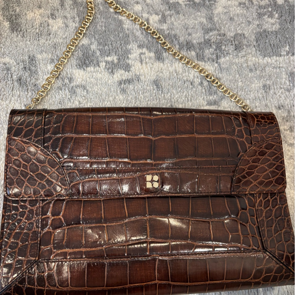 Brown Croc-Embossed Leather Chain Shoulder Bag